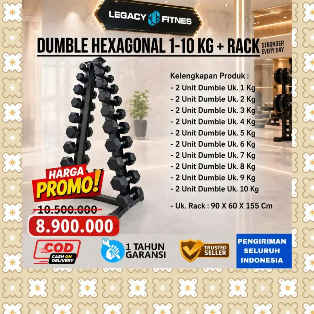 Dumble Hexagonal + Rack  1 - 10Kg alat kebugaran alat fitnes WGT-221