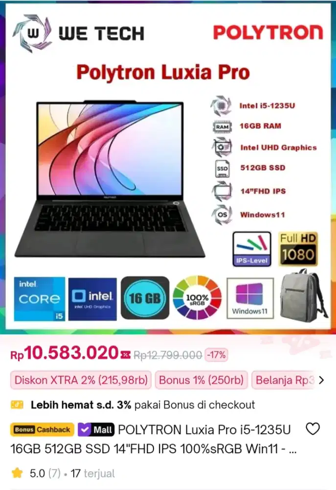 Laptop Polytron Luxia Pro i5 1235U gen 12 ram 16gb SSD256