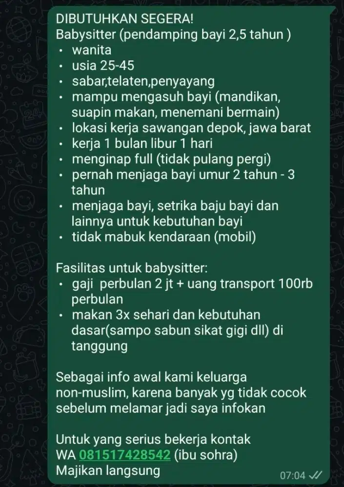 Dibutuhkan segera baby sister