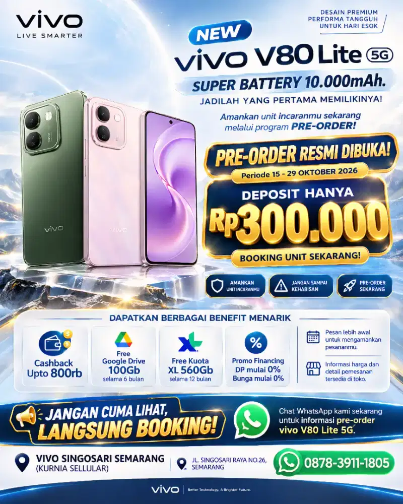 PRE-ORDER VIVO V80 LITE 5G. PROMO BENEFIT CASHBACK UPTO 800RB