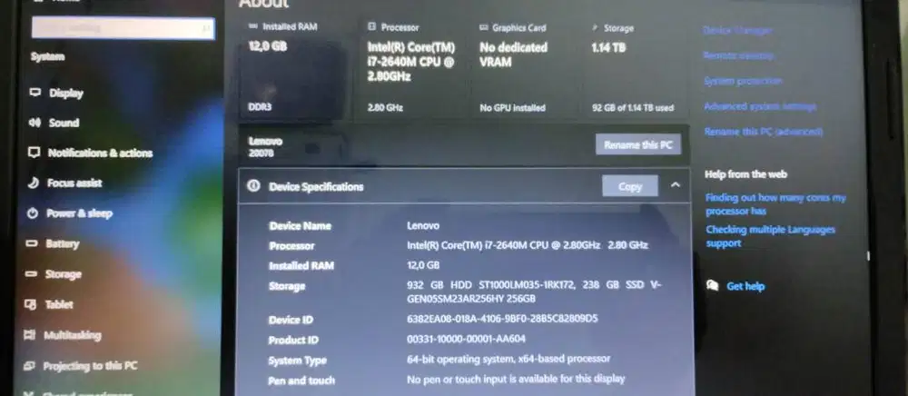 Lenovo Core i7 RAM 12Gb Double Hardisk 1Tb HDD / 256 SSD