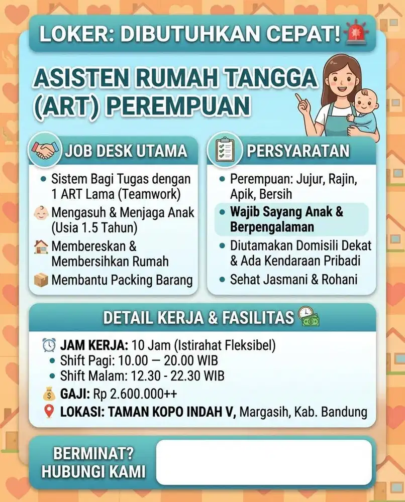 Butuh Cepat ART Perempuan - Margaasih Kab. Bandung (Gaji 2.6 Juta++)