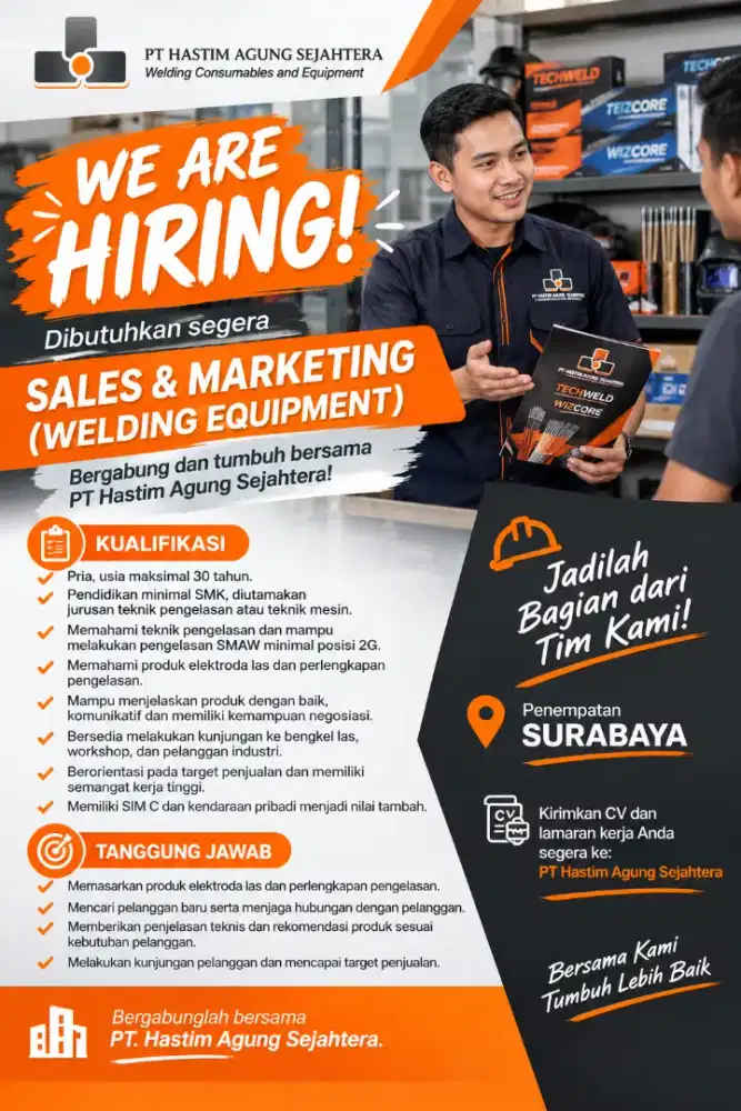 Dibutuhkan sales marketing kawat las SMAW 2G umur max 25 thn