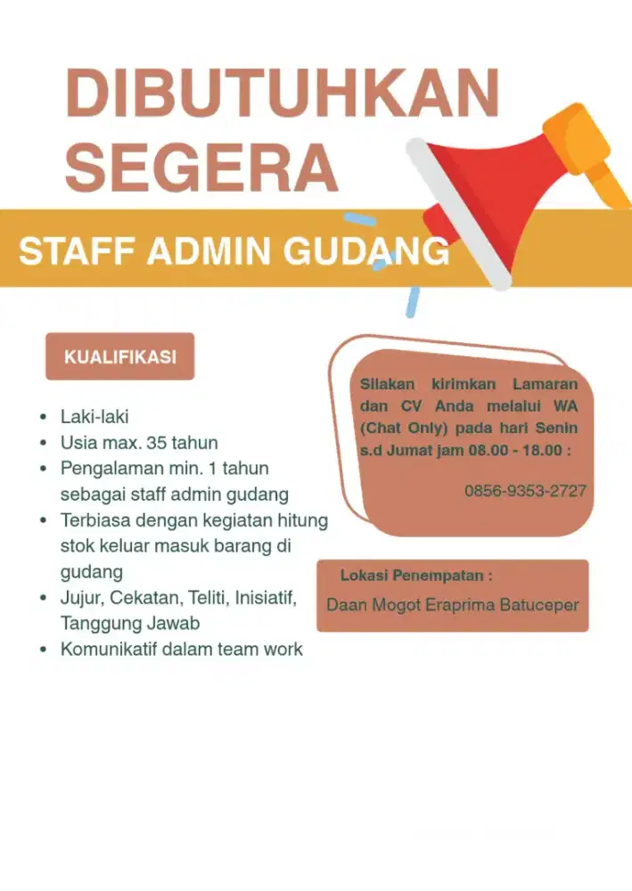 DIBUTUHKAN SEGERA STAFF ADMIN GUDANG