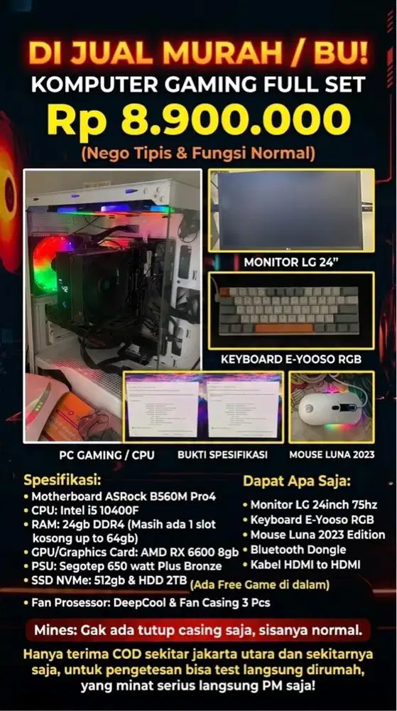 Di Jual Komputer Ashrock B560M Pro4 RAM 24GB Intel I5 10400F