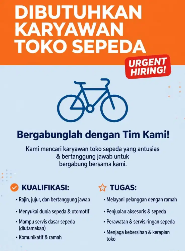 Di butuhkan karyawan toko sepeda