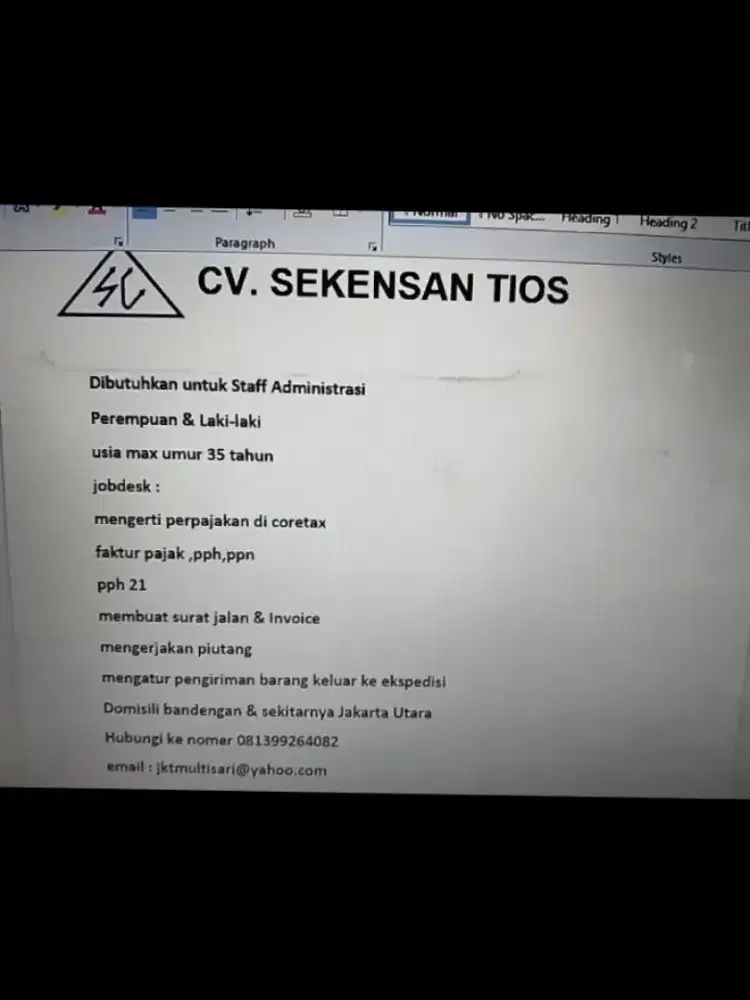 Dibutuhkan staff admin
