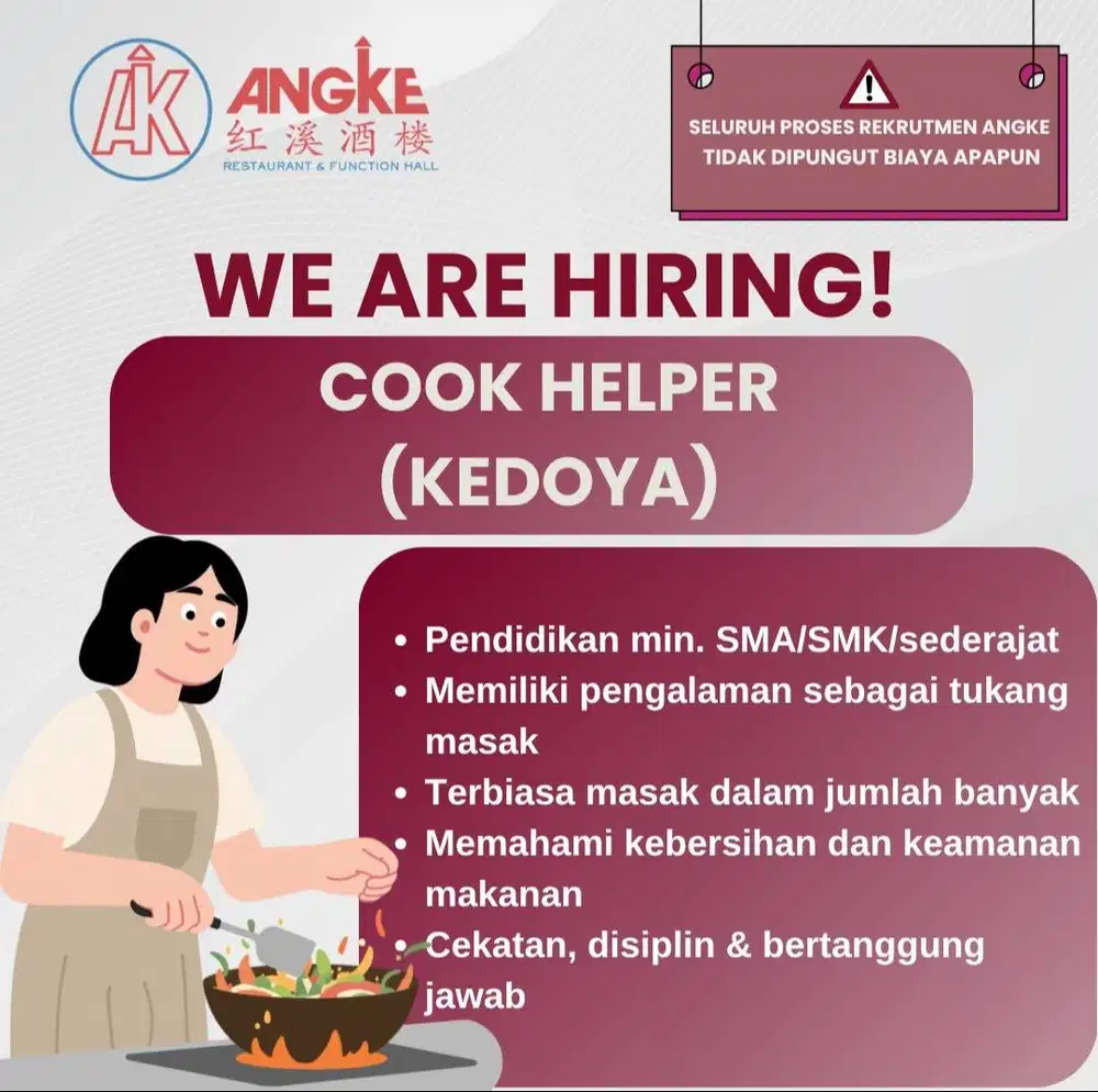 LOWONGAN COOK HELPER PEREMPUAN CHINESE RESTAURANT PIK
