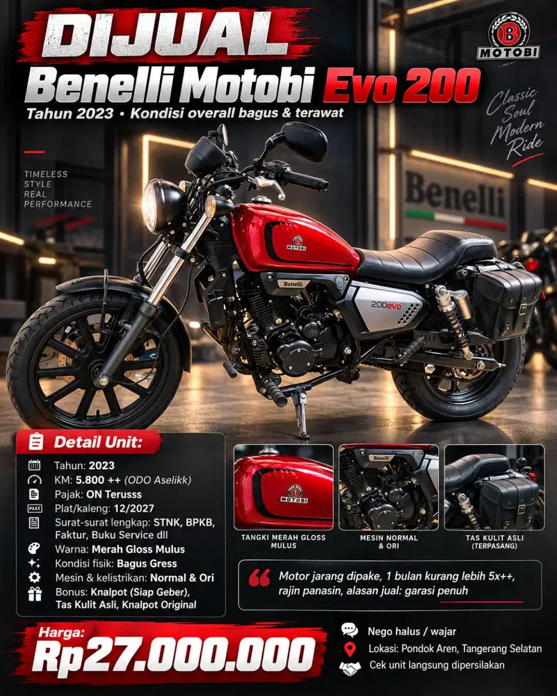 Benelli Motobi Evo 200 2023 | KM 5.500 | Pajak Panjang 12/2027 | Mulus