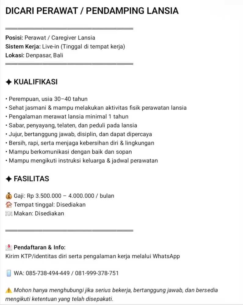 PERAWAT LANSIA ( CARE GIVER)