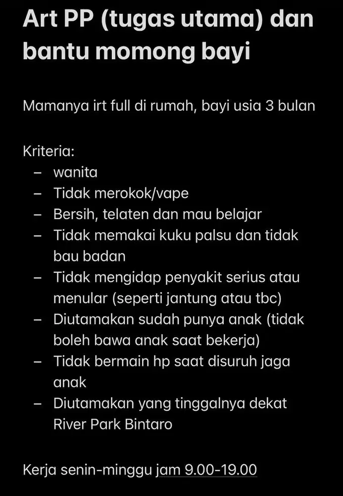 DICARI ART PP (tugas utama) dan bantu momong (mamamya irt)
