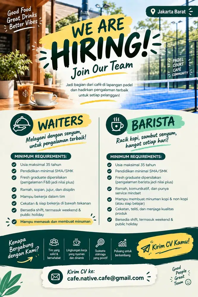 LOWONGAN KERJA WAITERS & BARISTA JAKARTA BARAT. Bisa DM yah