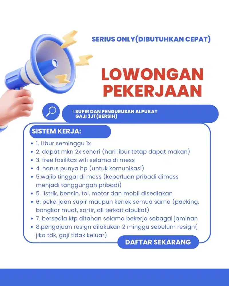 DICARI SIAP KERJA DAN SERIUS