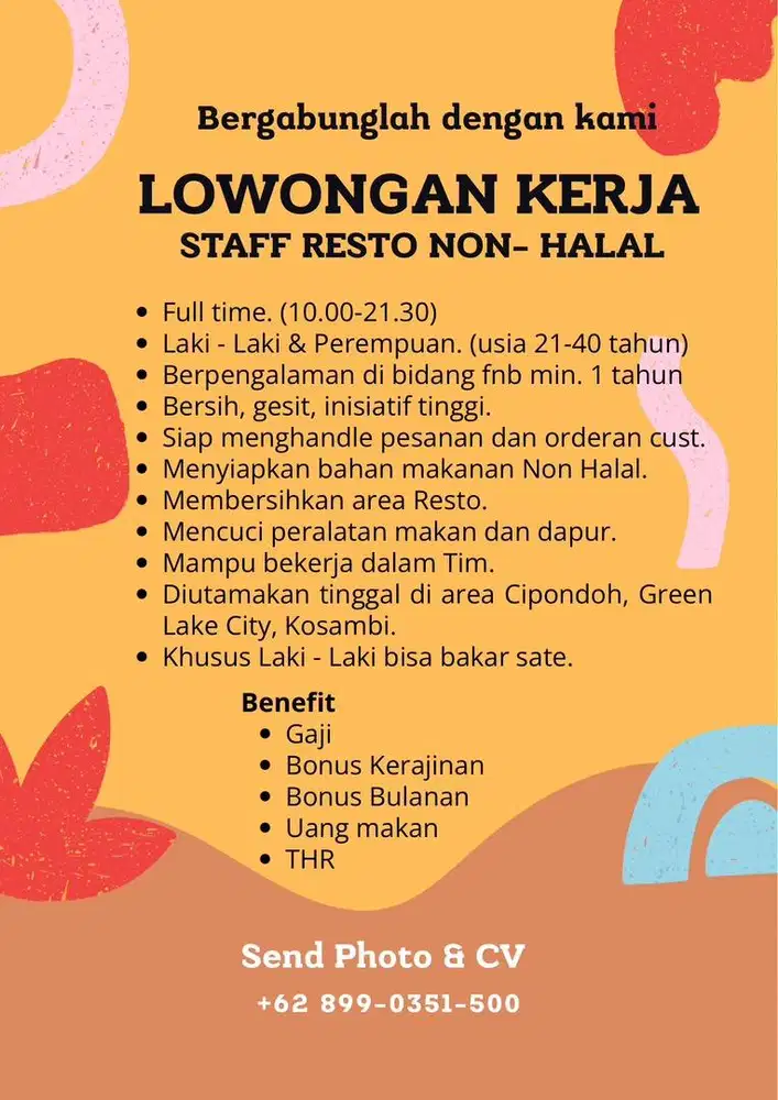 DICARI STAFF PEREMPUAN & LAKI LAKI untuk RESTO NON HALAL DI GREENLAKE