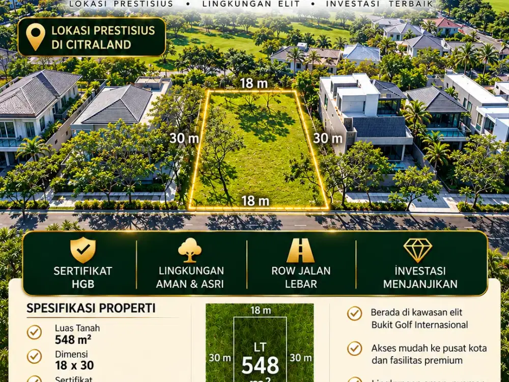 Tanah siap bangun di raya bukit golf internasional Citraland Surabaya