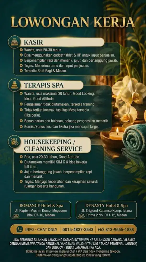 Dibutuhkan kasir, kru / housekeeping/ cleaning service dan terapis spa