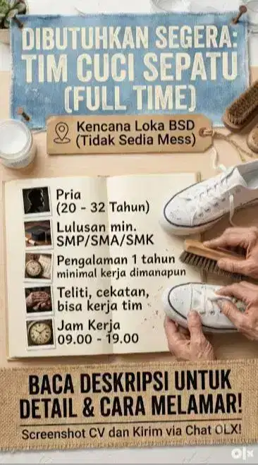 Lowongan kerja untuk Pria Cuci Sepatu Tangerang Selatan BSD Serpong