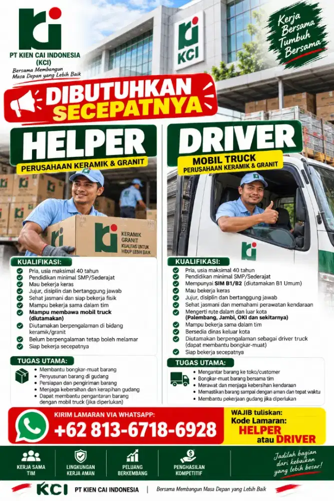 Dibutuhkan Segera Helper + Driver