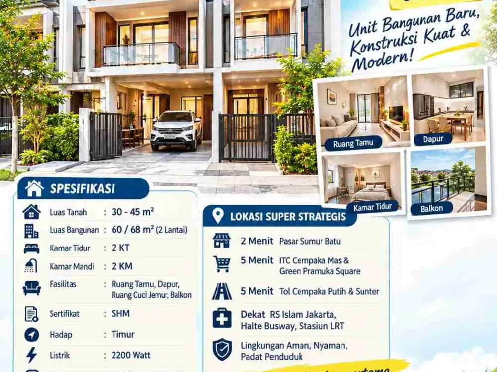Di Jual Rumah Baru 2 Lantai Jakpus Mulai 888jt - Jl Nilam Sumur Batu - LT 30-45 / LB 60-68 - SHM - Dekat ITC Cempaka Mas & Tol