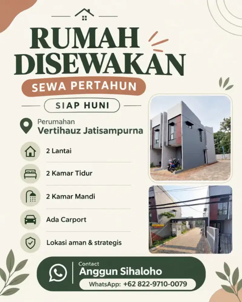 Sewa rumah tahunan siap huni 2 lt lokasi aman strategis