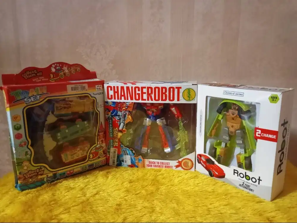 [PAKET HEMAT 3-IN-1] Mainan Anak Train Set + 2 Robot Transformer