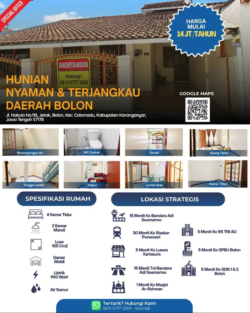 Rumah Kontrakan Strategis di Colomadu, Mulai Rp14 Juta/Tahun