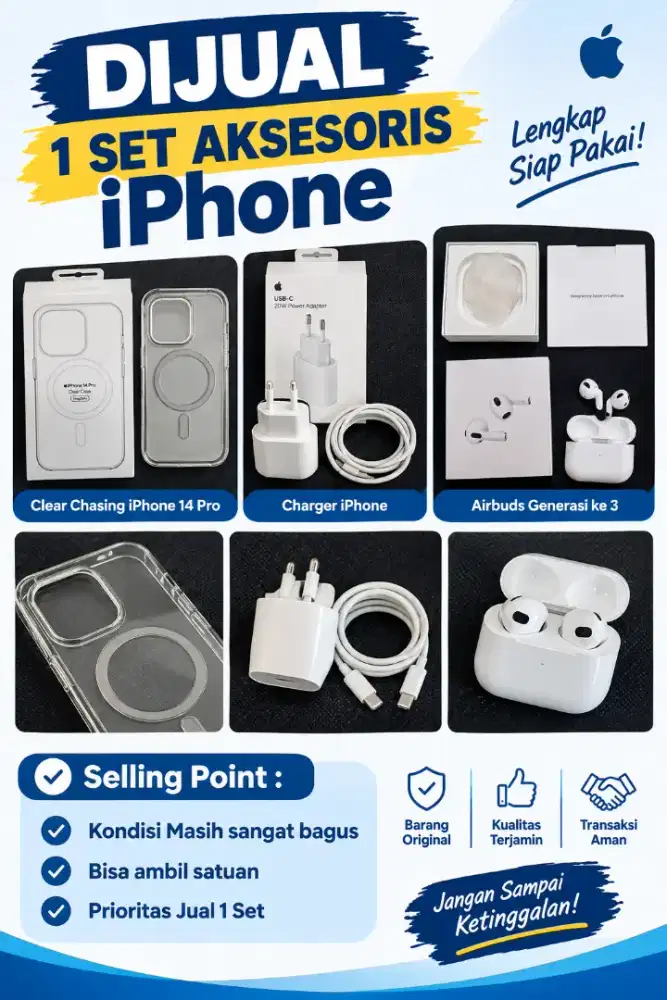 DIJUAL 1 SET AKSESORIS (Charger iPhone, Airbuds Gen 3 & Clear Chasing)