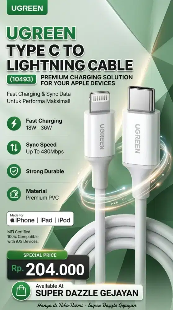 UGREEN TYPE C TO LIGHTNING CABLE MFI (10493)