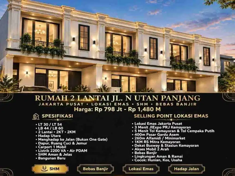 DIJUAL RUMAH 2 LANTAI UTAN KAYU JAKARTA PUSAT – SHM, BEBAS BANJIR, AKSES MOBIL Rp 798Jt an