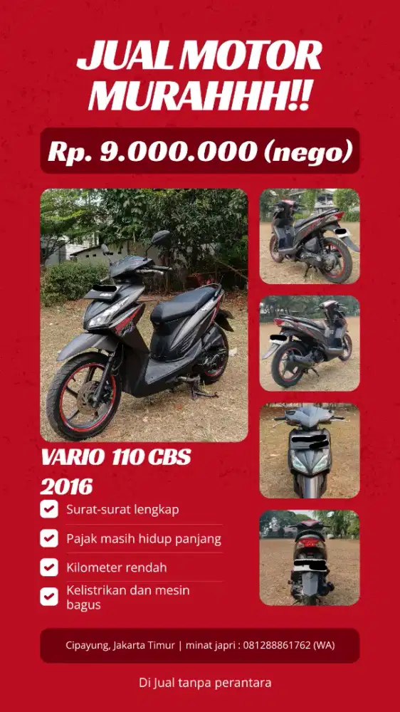 Jual Cepat Motor Vario Murah!! Mulus dan bagus, dijual tanpa perantara