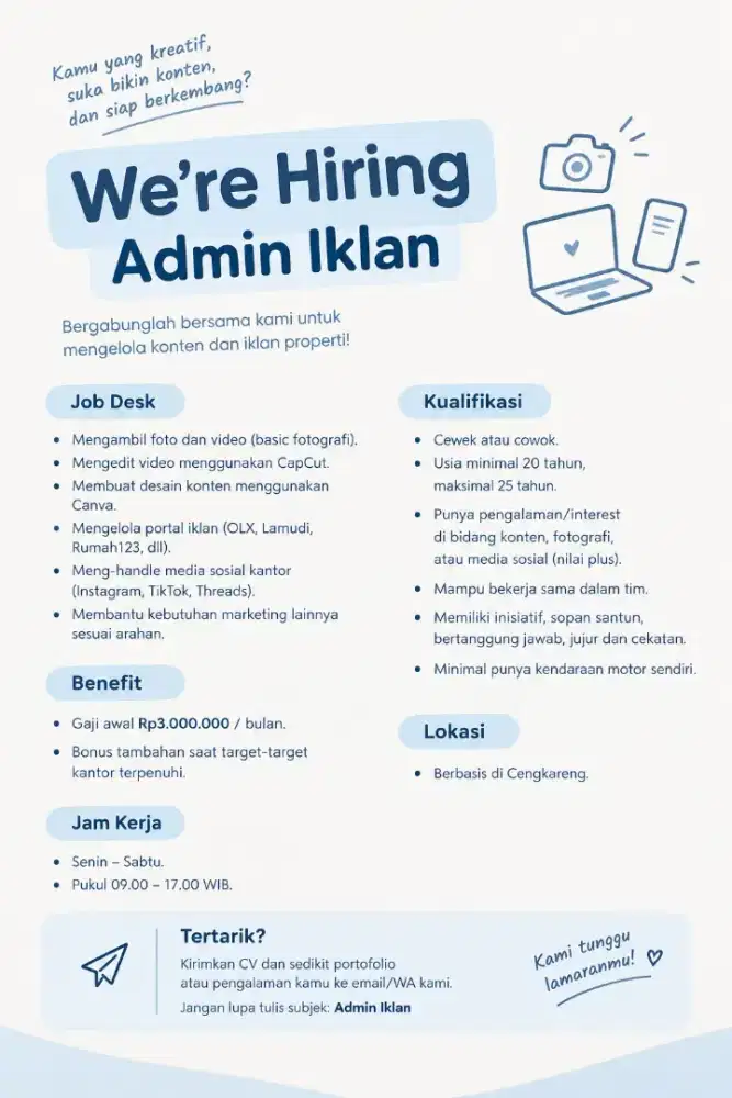 Dibutuhkan Admin Iklan Properti