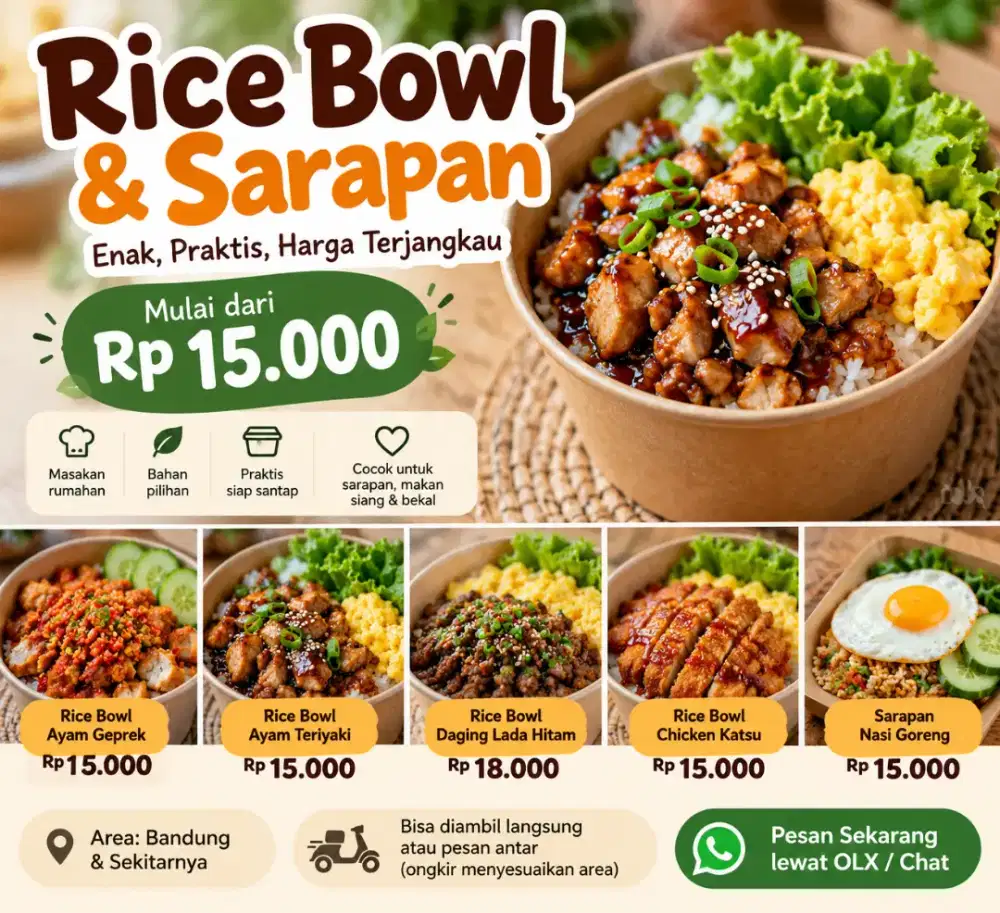Catering rice bowl & sarapan. Mulai Rp 15.000 / paket!