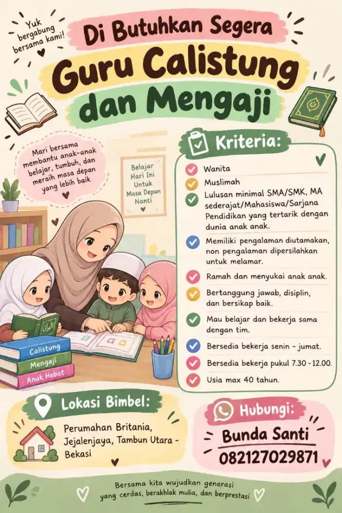 Di butuhkan segera guru Calistung dan mengaji