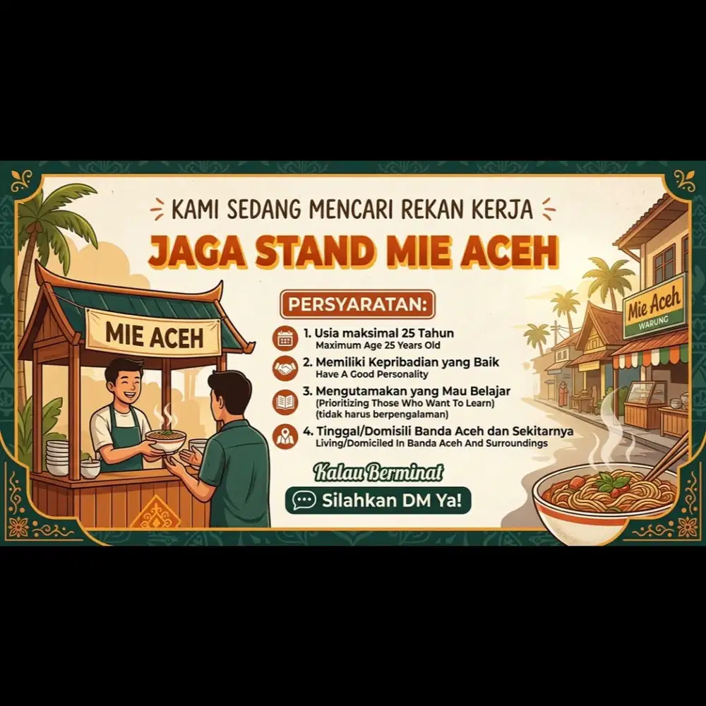 Lowongan pekerjaan jaga stand mie Aceh di Warkop 33kupi (33billiard)