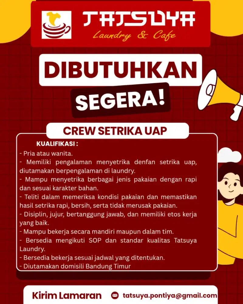 Dibutuhkan Segera Crew Setrika Laundry