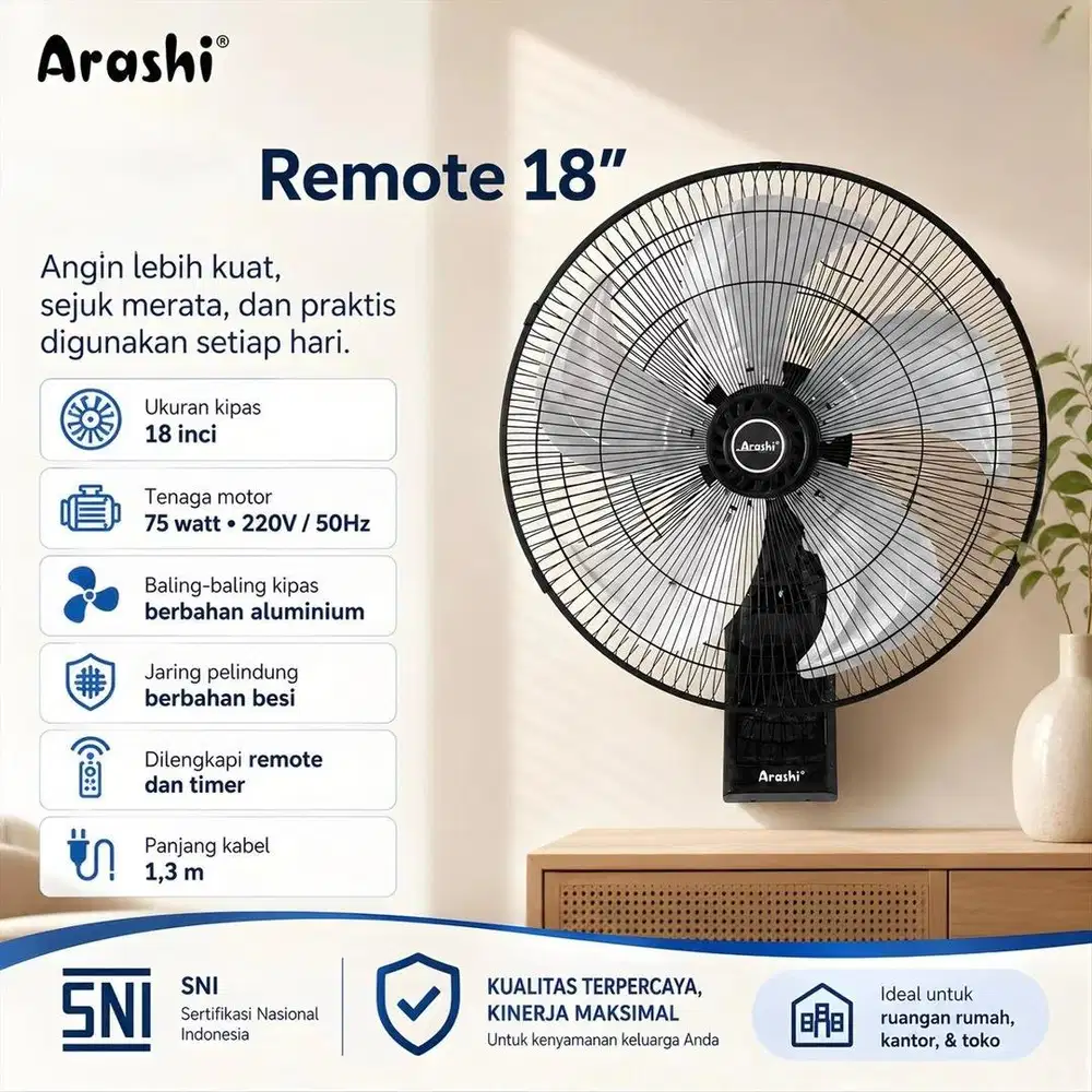 New Kipas Angin Dinding Besi ARASHI JUMBO 18Inchi+Remote