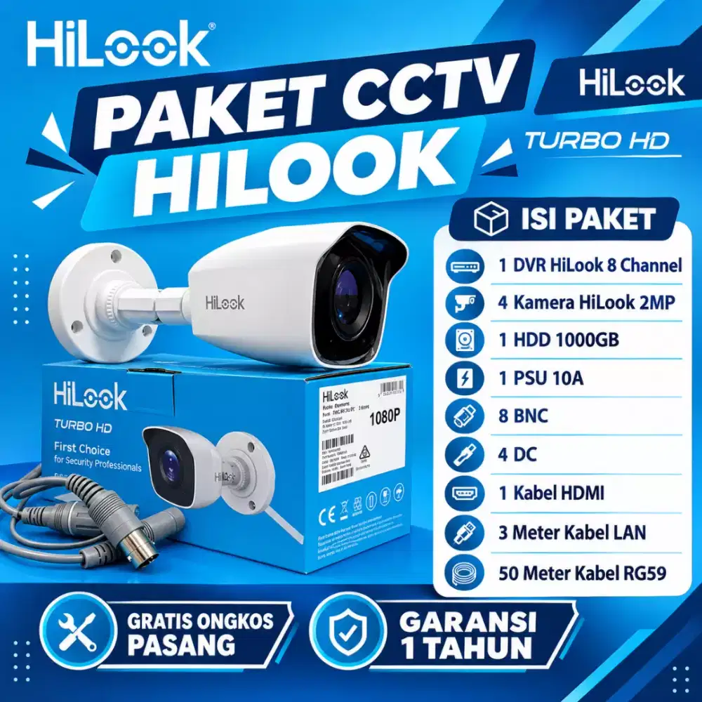 Paket cctv hilook 8 channel 4 kamera 2mp