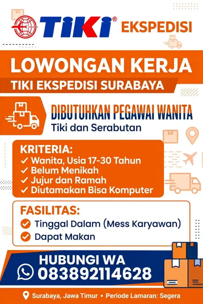 Dicari pegawai wanita admin tiki dan serabutan