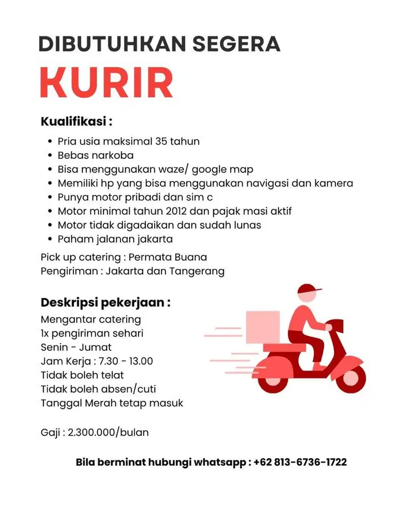 Lowongan Kerja Kurir Catering Healthy Food Jakarta Barat