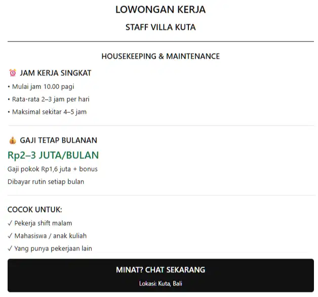LOKER KUTA BALI – HOUSEKEEPING & SERABUTAN (JAM KERJA SINGKAT, PAGI)