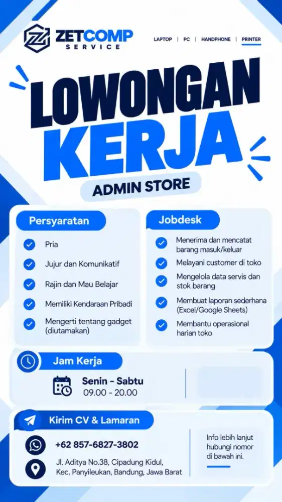 Di butuhkan karyawan untuk admin toko servis komputer