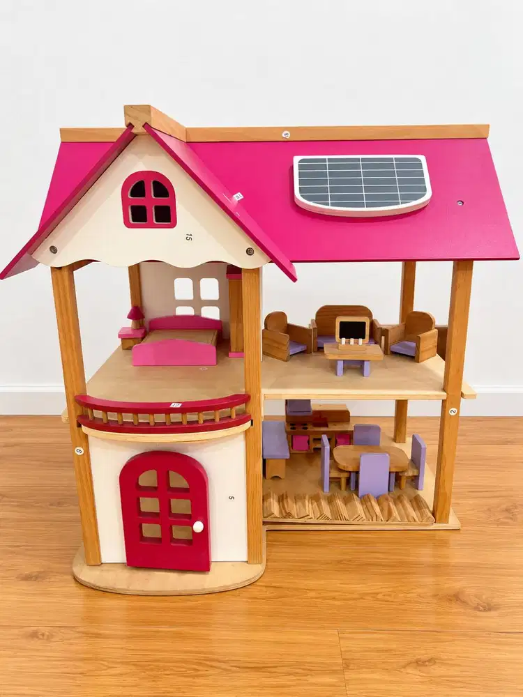 Wooden Dollhouse Pink 55cm – Rumah Boneka Kayu Full Furniture