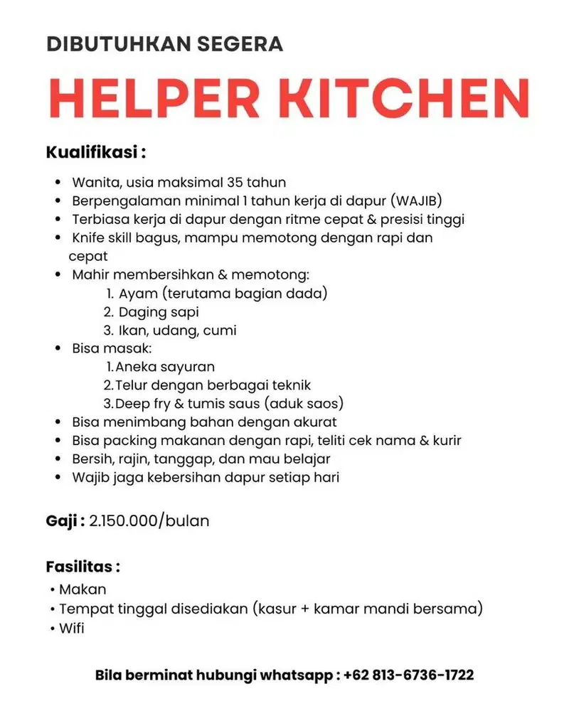 Lowongan Kerja Helper & Assistant Helper Catering Jakarta Barat