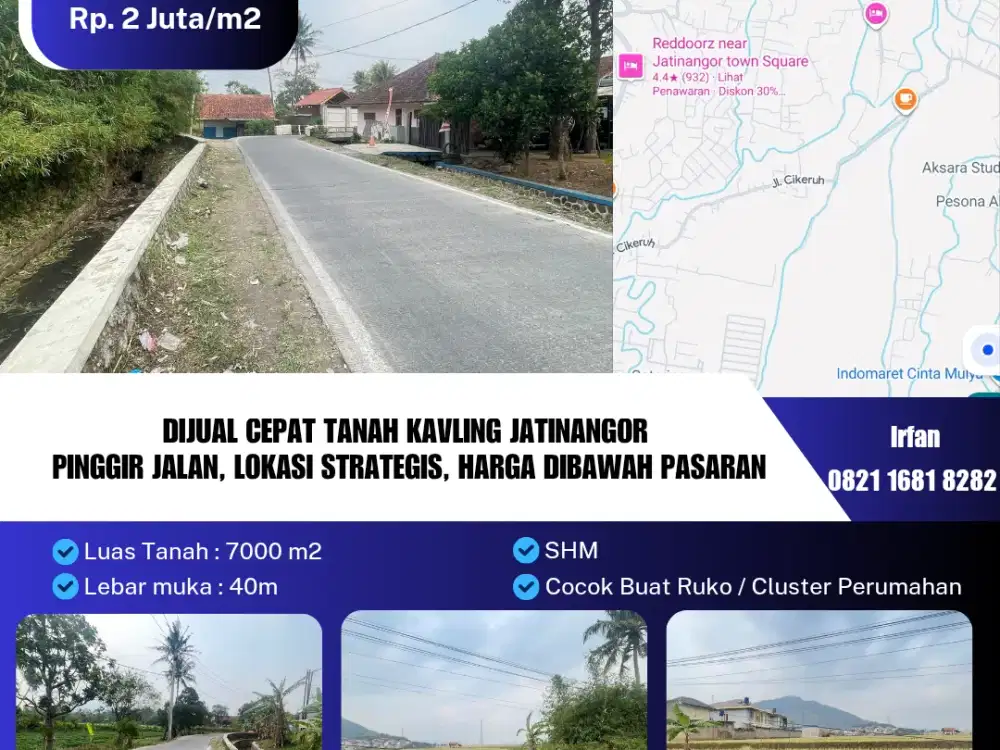 Dijual Cepat Tanah Kavling Jatinangor 
Pinggir Jalan, Lokasi Strategis, Harga Dibawah Pasaran