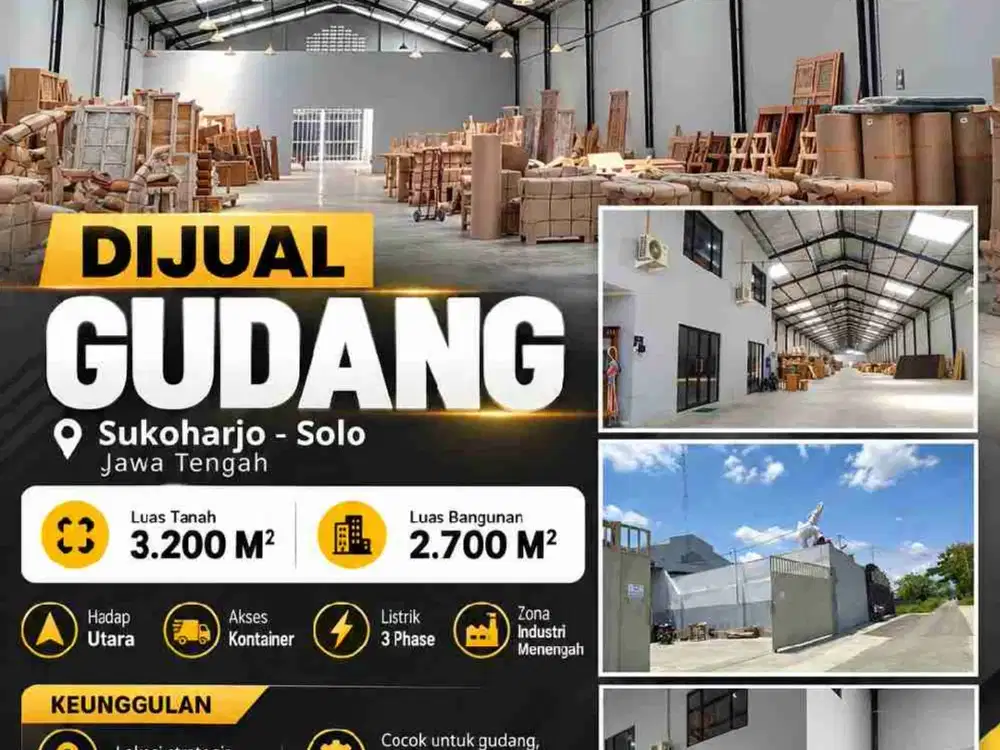 Dijual Gudang Zona Industri Menengah di Sukoharjo Luas 3.200m2 Strategis Akses Kontainer