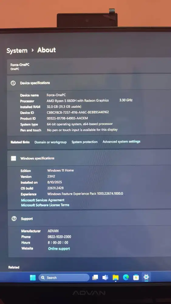 Advan Force One All in One PC Ryzen 5 6600H RAM 32GB SSD 512GB