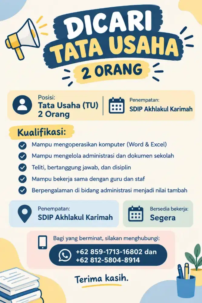 Dicari secepatnya tenaga administrasi sekolah