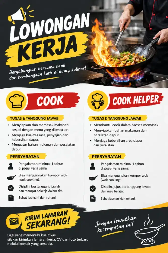 Dibutuhkan cook dan cook helper