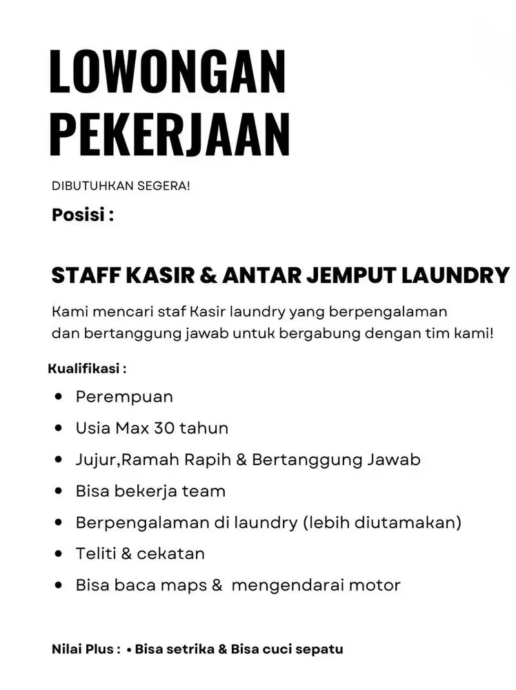 Posisi staff kasir dan antar jemput laundry