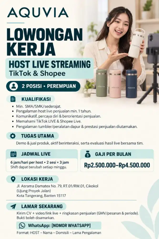 LOWONGAN KERJA HOST LIVE STREAMING PEREMPUAN UNTUK TIKTOK & SHOPEE